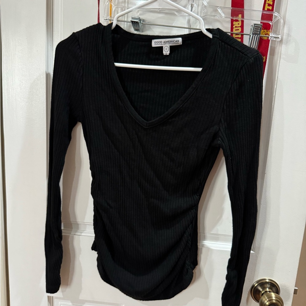 Good American Black Ribbed V-Neck Top